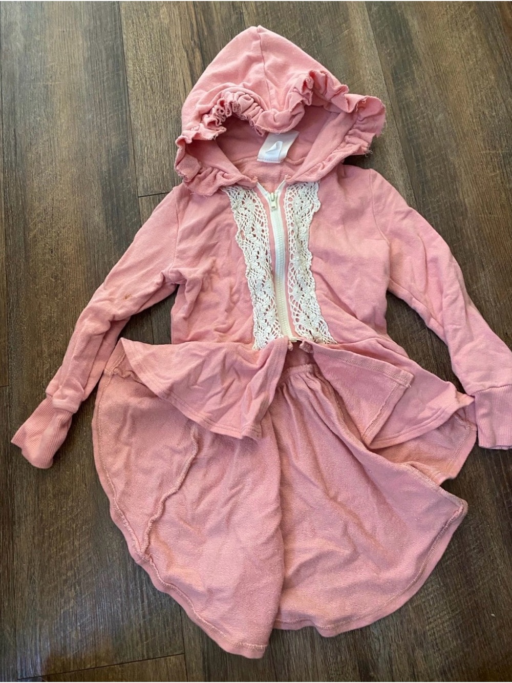 Persnickety Pink Hooded Lace-Trim Cardigan Victoria Hi-Lo Ruffle Hoodie